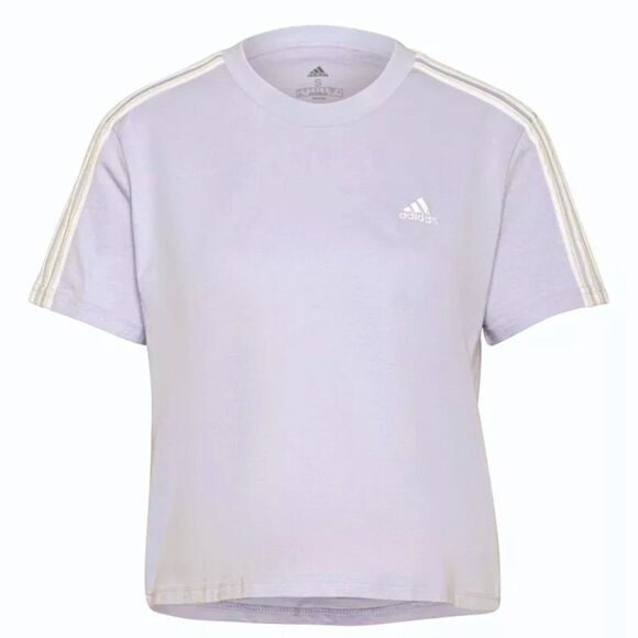 Adidas Essentials Women's Loose 3-Stripes Cropped Tee Top XL Shirt Purple White - Picture 1 of 9
